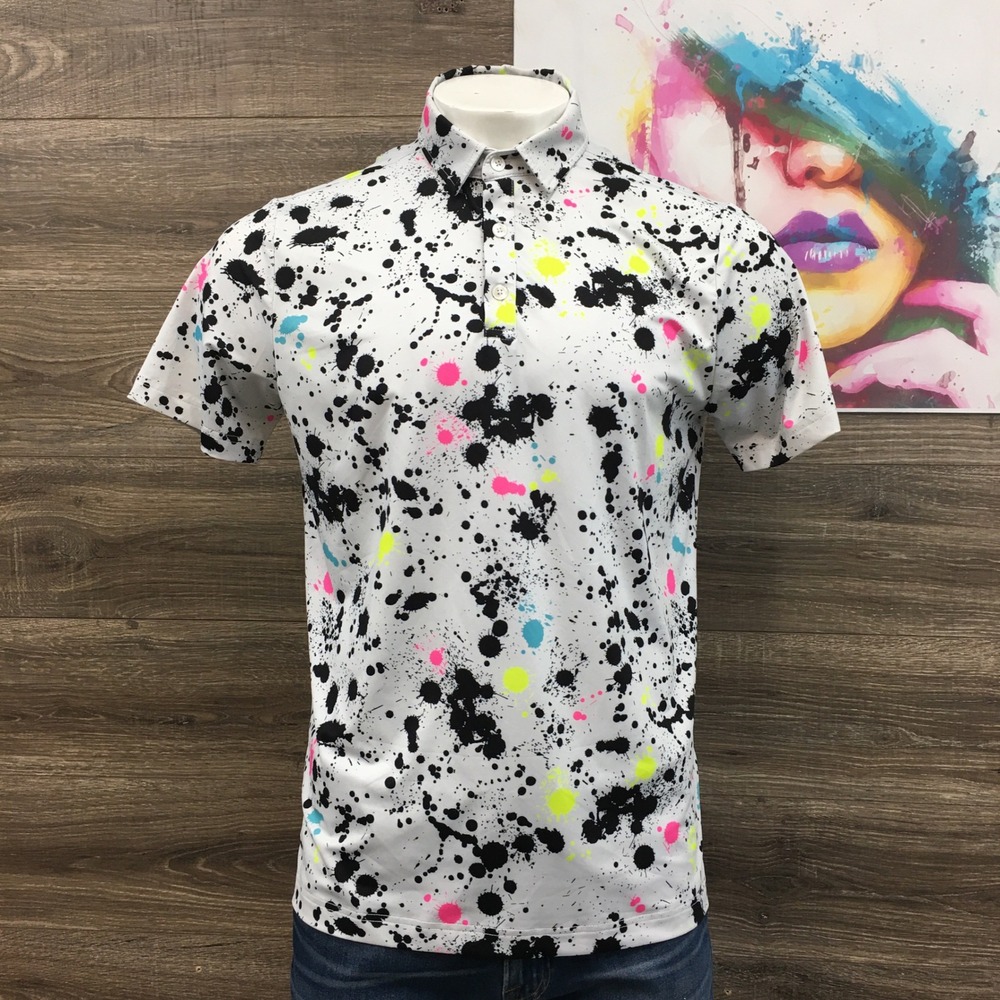 Sunday Swagger Mens Paint Splatter Golf Polo Shirt White Neon Large Short Sleeve